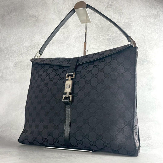 GUCCI Shoulder Bag Purse GG Canvas Leather Black Authentic