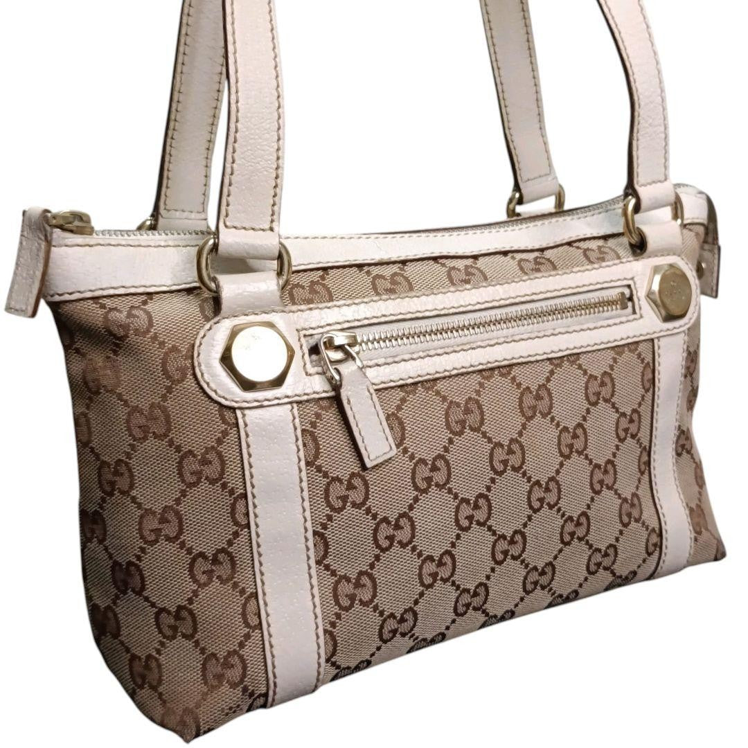 GUCCI Hand Bag Tote Purse GG Canvas Leather Beige White Ivory Authentic