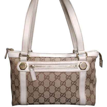 GUCCI Hand Bag Tote Purse GG Canvas Leather Beige White Ivory Authentic