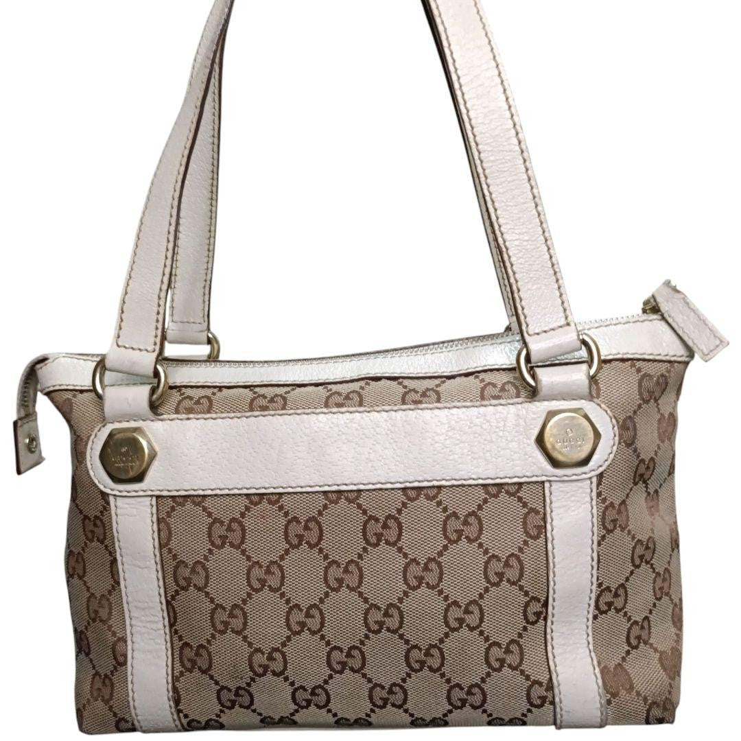 GUCCI Hand Bag Tote Purse GG Canvas Leather Beige White Ivory Authentic