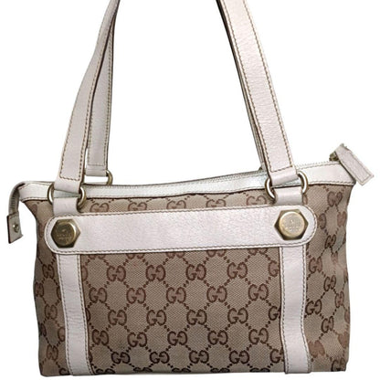 GUCCI Hand Bag Tote Purse GG Canvas Leather Beige White Ivory Authentic
