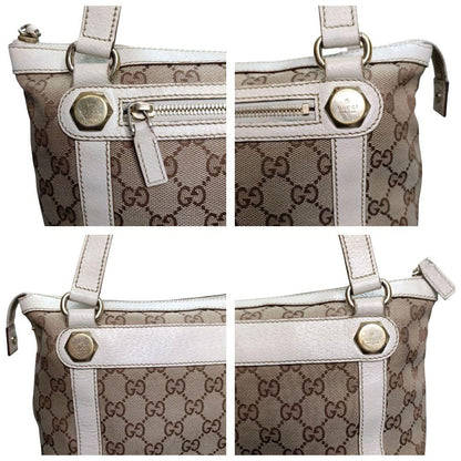 GUCCI Hand Bag Tote Purse GG Canvas Leather Beige White Ivory Authentic