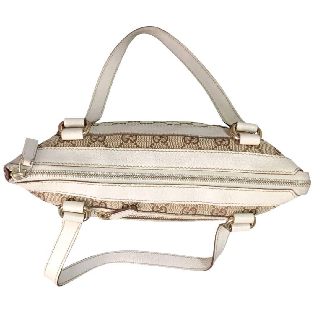 GUCCI Hand Bag Tote Purse GG Canvas Leather Beige White Ivory Authentic