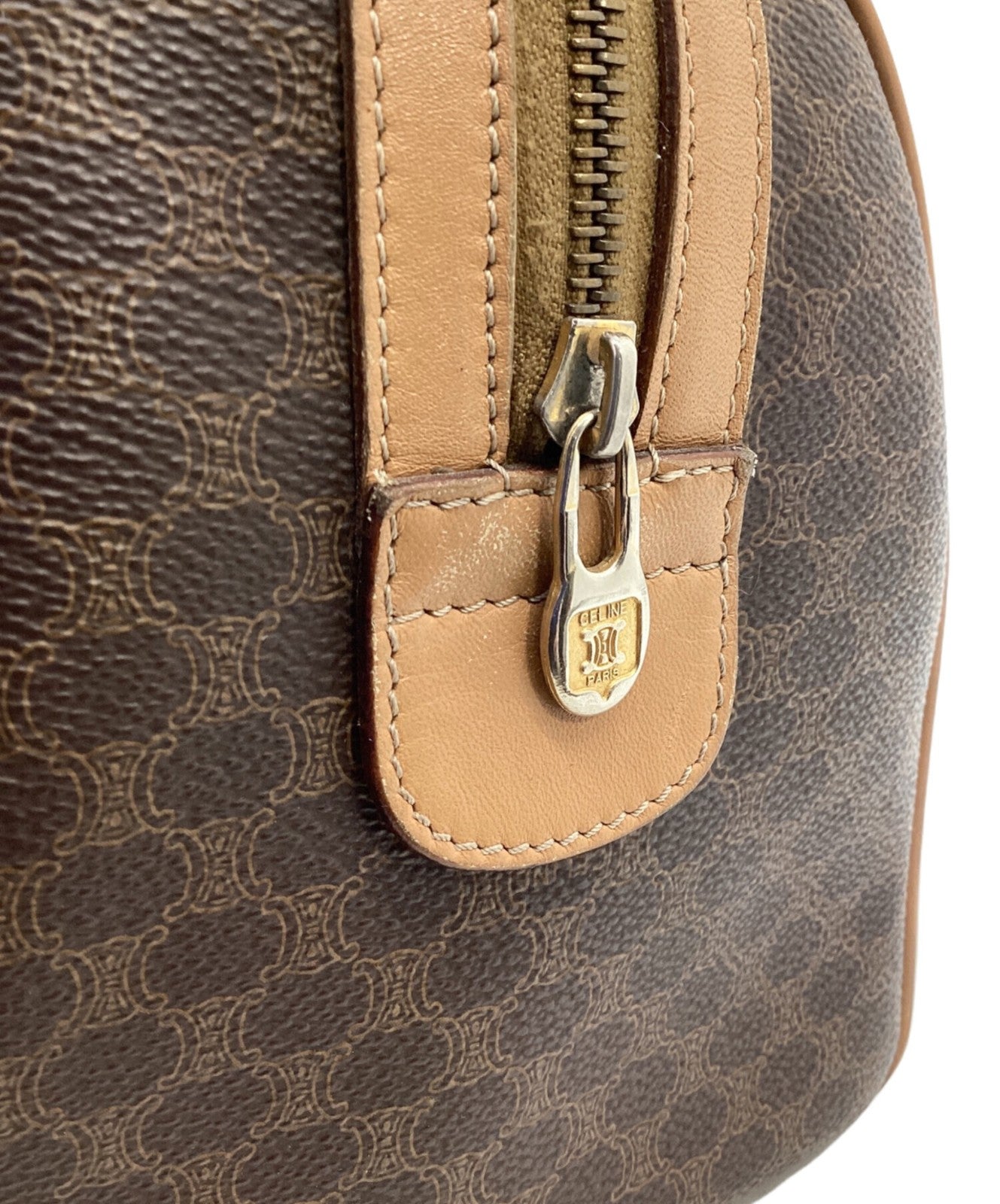 CELINE Mini Boston Bag Hand Bag Tote Purse Macadam Brown Beige Authentic