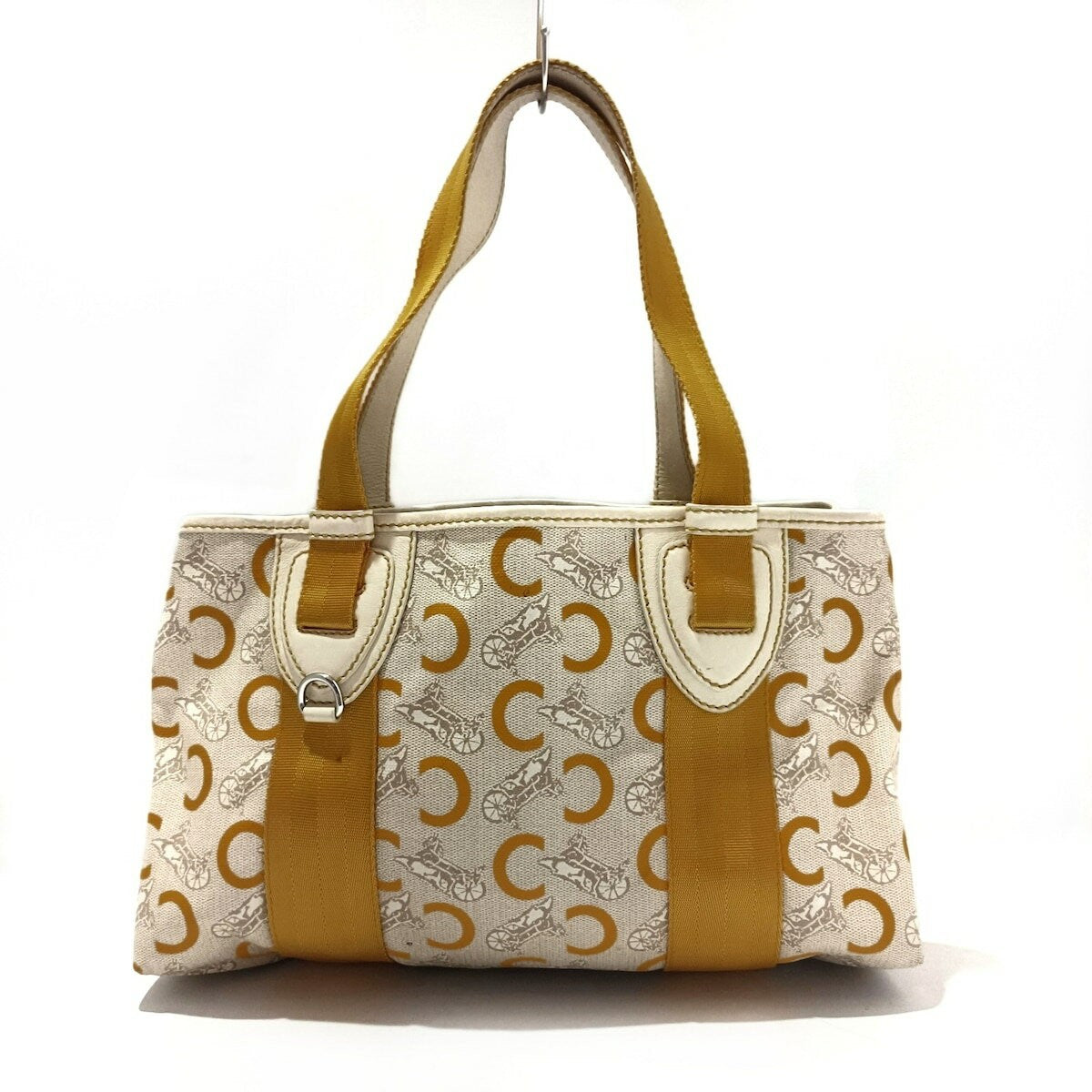 CELINE Hand Bag Purse C Macadam PVC Nylon Leather Gray Beige Dark Yellow Ivory