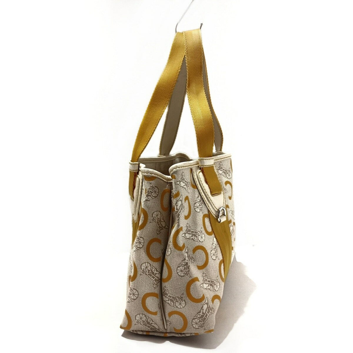 CELINE Hand Bag Purse C Macadam PVC Nylon Leather Gray Beige Dark Yellow Ivory
