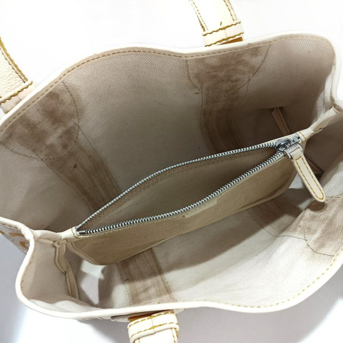 CELINE Hand Bag Purse C Macadam PVC Nylon Leather Gray Beige Dark Yellow Ivory