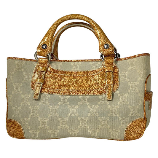 CELINE Hand Bag Tote Purse Boogie Macadam Canvas Leather Brown Ivory Authentic