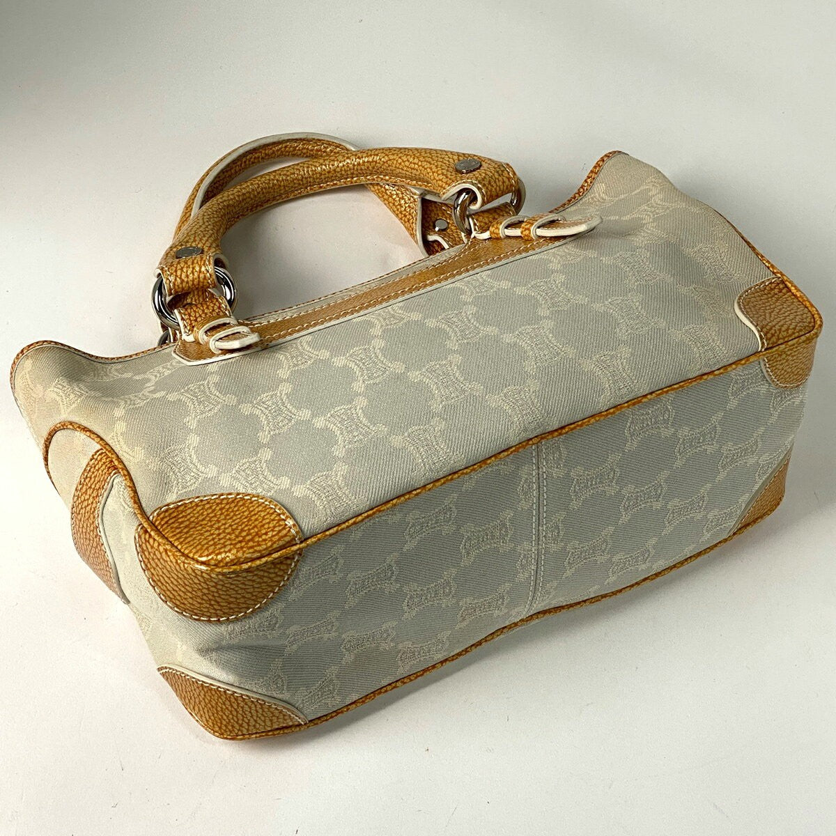 CELINE Hand Bag Tote Purse Boogie Macadam Canvas Leather Brown Ivory Authentic