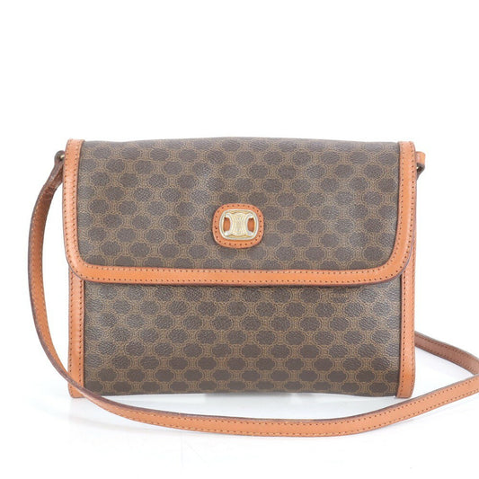 CELINE Shoulder Bag Purse Macadam Leather Coated Canvas Brown Authentic