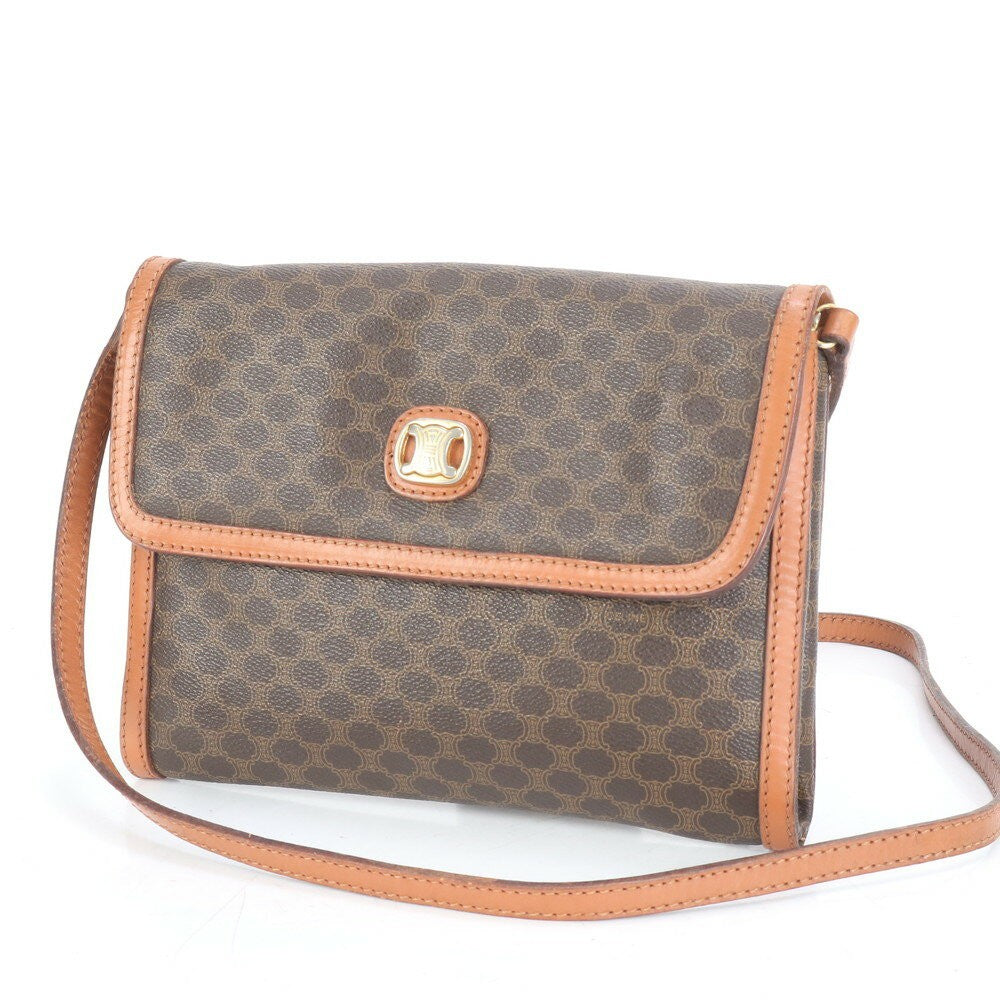CELINE Shoulder Bag Purse Macadam Leather Coated Canvas Brown Authentic