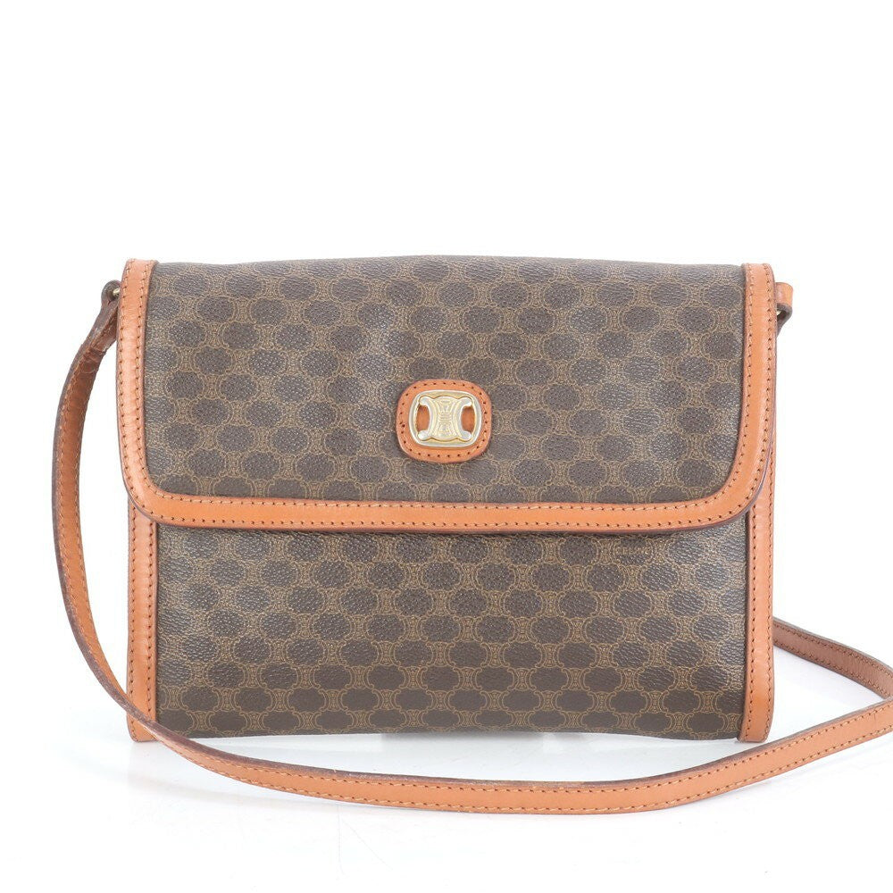 CELINE Shoulder Bag Purse Macadam Leather Coated Canvas Brown Authentic