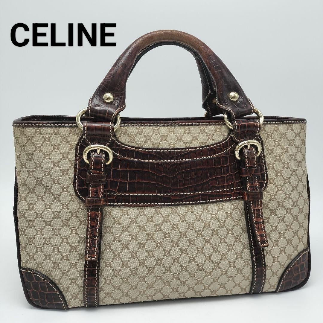 CELINE Hand Bag Tote Purse Macadam Canvas Leather Beige Dark Brown Authentic