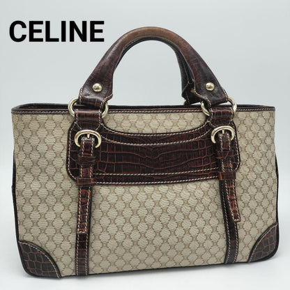 CELINE Hand Bag Tote Purse Macadam Canvas Leather Beige Dark Brown Authentic