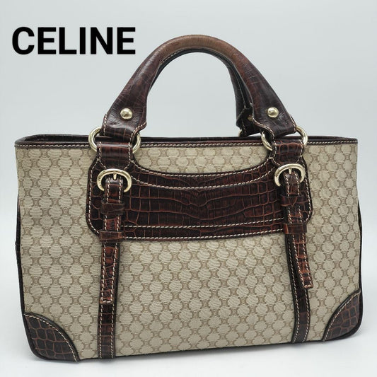 CELINE Hand Bag Tote Purse Macadam Canvas Leather Beige Dark Brown Authentic