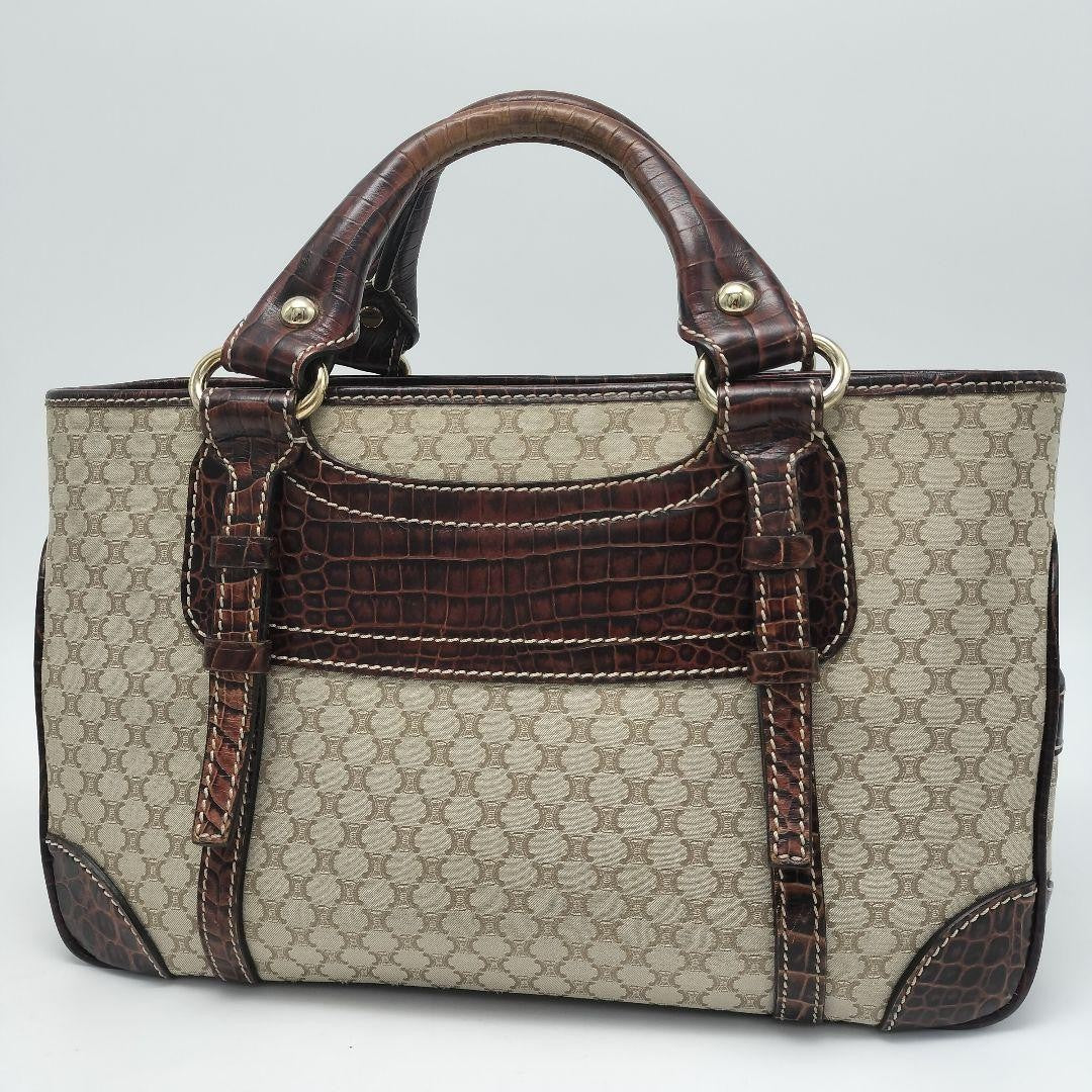 CELINE Hand Bag Tote Purse Macadam Canvas Leather Beige Dark Brown Authentic