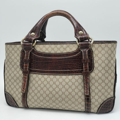 CELINE Hand Bag Tote Purse Macadam Canvas Leather Beige Dark Brown Authentic