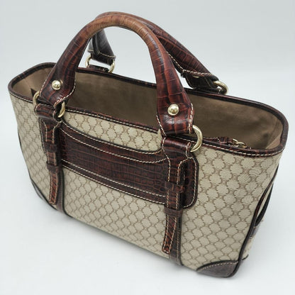 CELINE Hand Bag Tote Purse Macadam Canvas Leather Beige Dark Brown Authentic