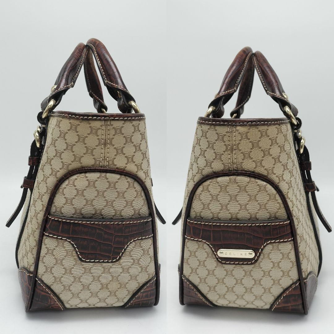 CELINE Hand Bag Tote Purse Macadam Canvas Leather Beige Dark Brown Authentic