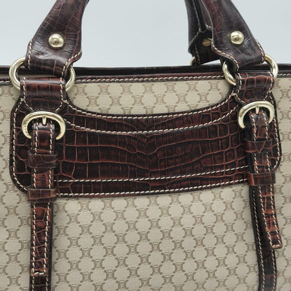 CELINE Hand Bag Tote Purse Macadam Canvas Leather Beige Dark Brown Authentic