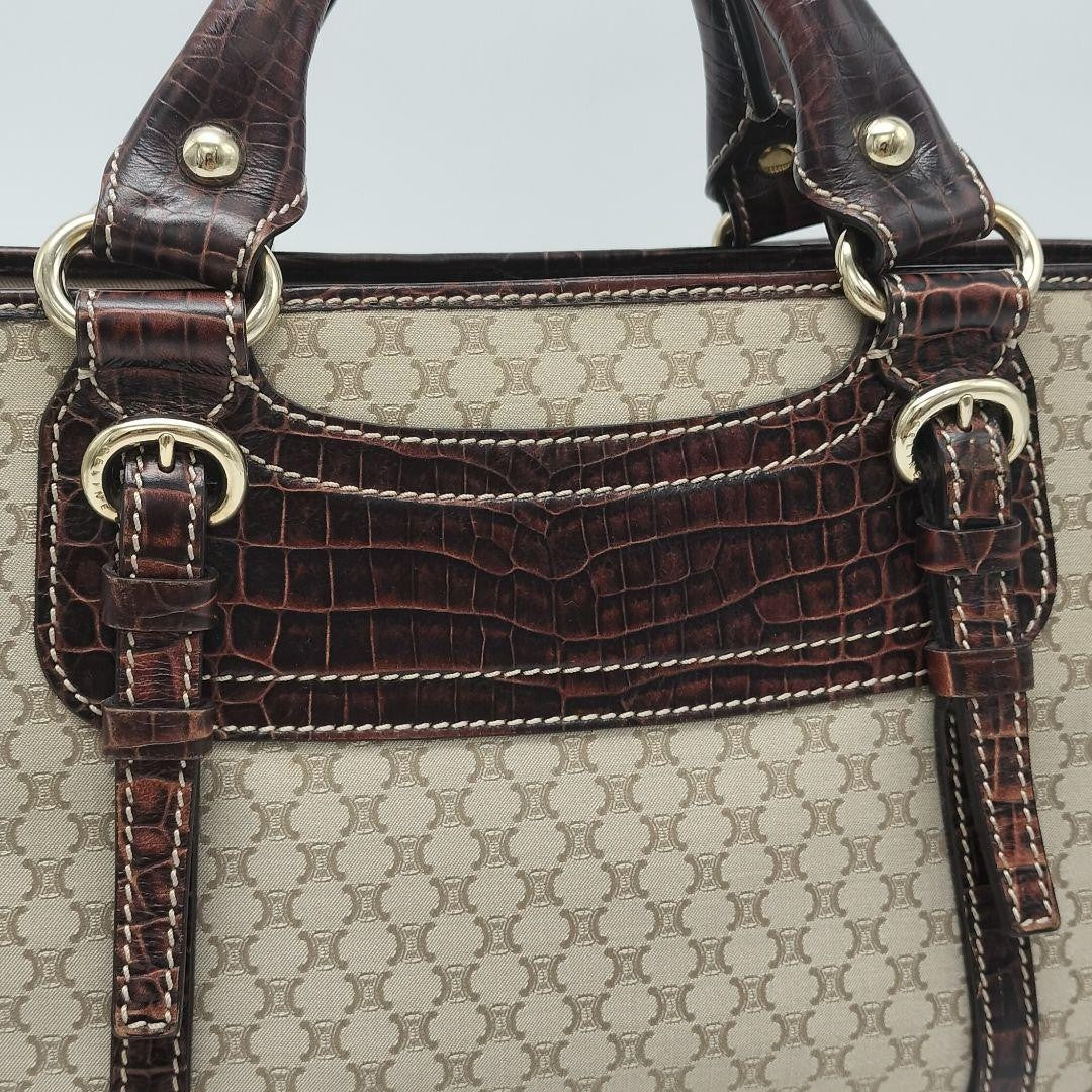 CELINE Hand Bag Tote Purse Macadam Canvas Leather Beige Dark Brown Authentic