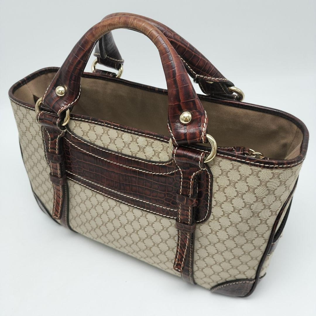 CELINE Hand Bag Tote Purse Macadam Canvas Leather Beige Dark Brown Authentic