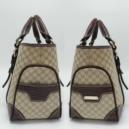 CELINE Hand Bag Tote Purse Macadam Canvas Leather Beige Dark Brown Authentic