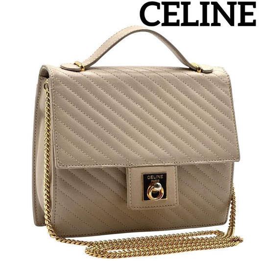 CELINE Hand Shoulder Bag Tote Purse 2way Chain Leather Beige Authentic
