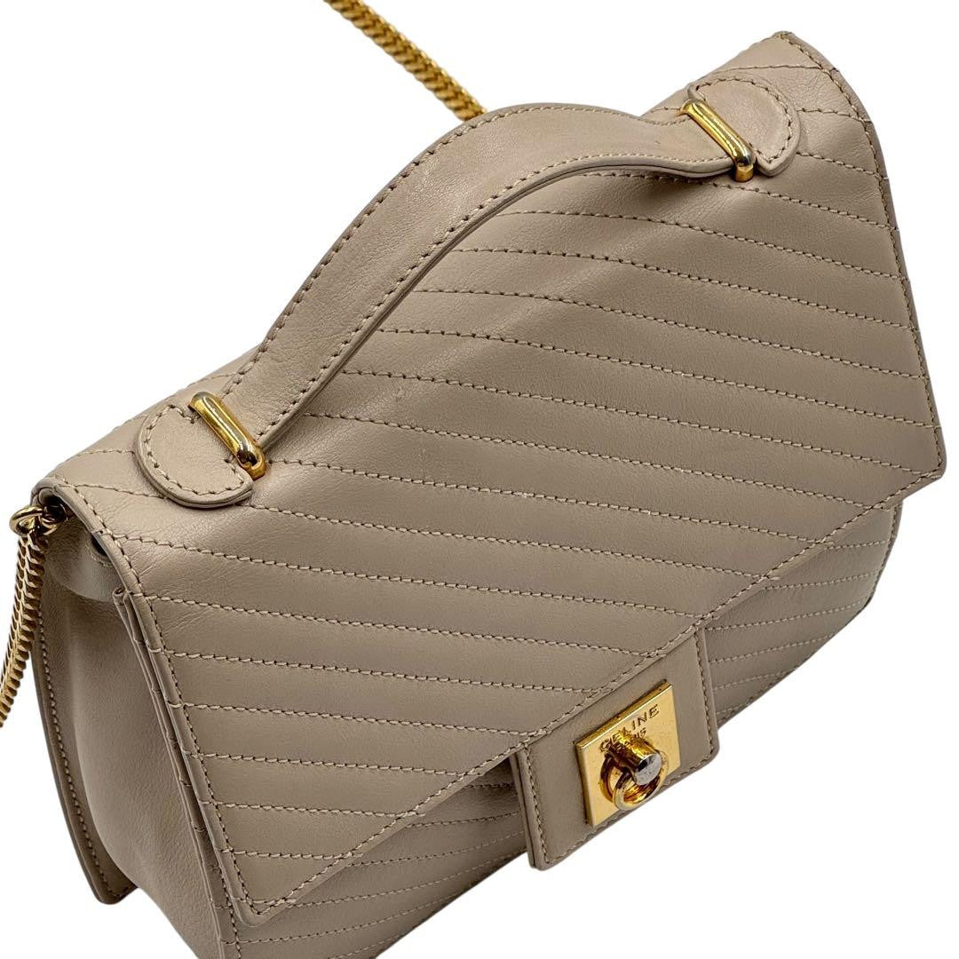 CELINE Hand Shoulder Bag Tote Purse 2way Chain Leather Beige Authentic