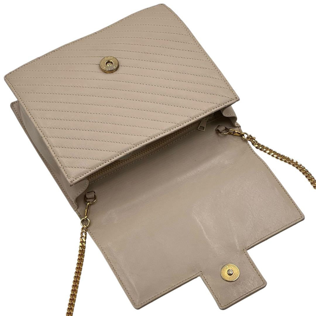 CELINE Hand Shoulder Bag Tote Purse 2way Chain Leather Beige Authentic