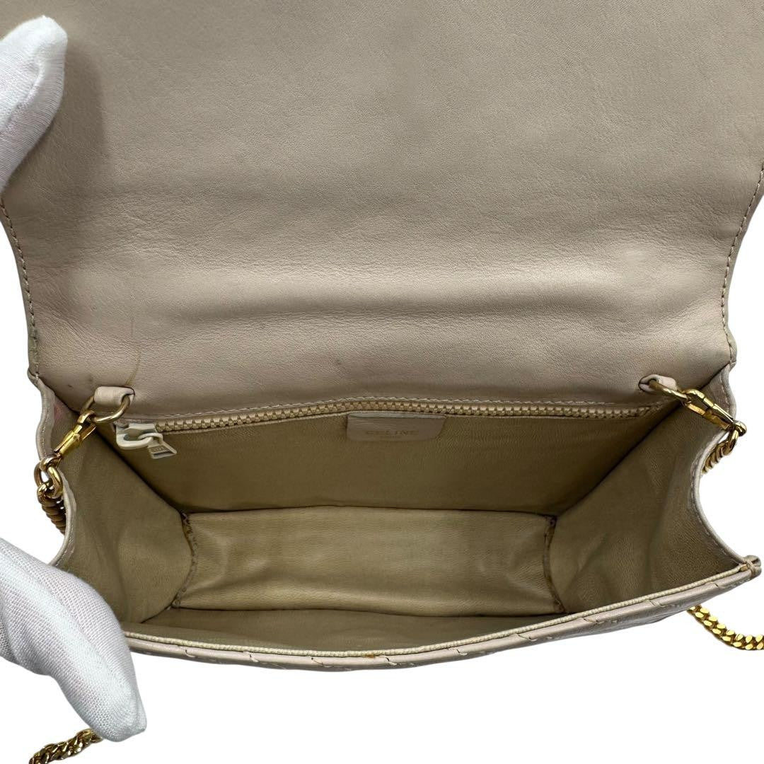CELINE Hand Shoulder Bag Tote Purse 2way Chain Leather Beige Authentic
