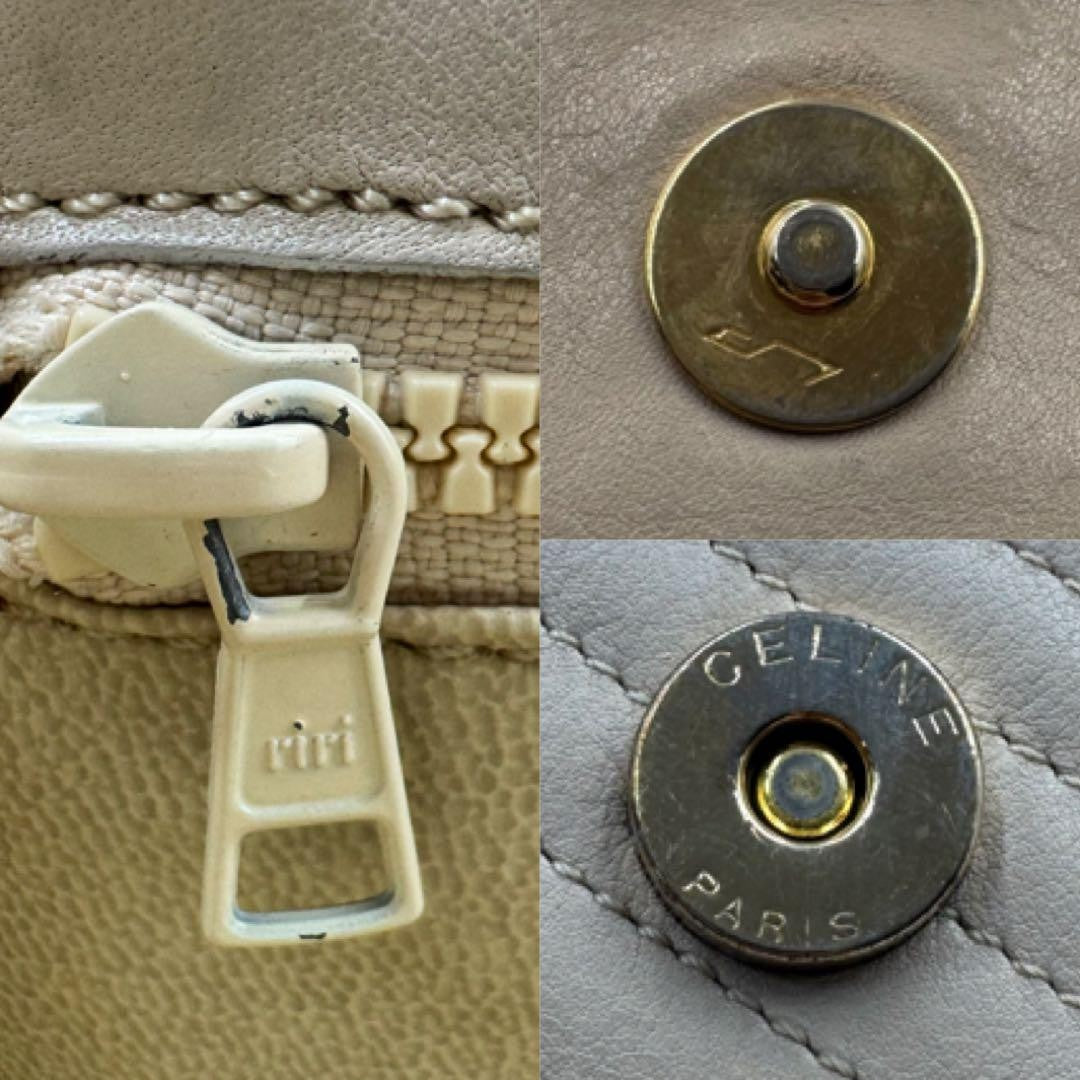 CELINE Hand Shoulder Bag Tote Purse 2way Chain Leather Beige Authentic