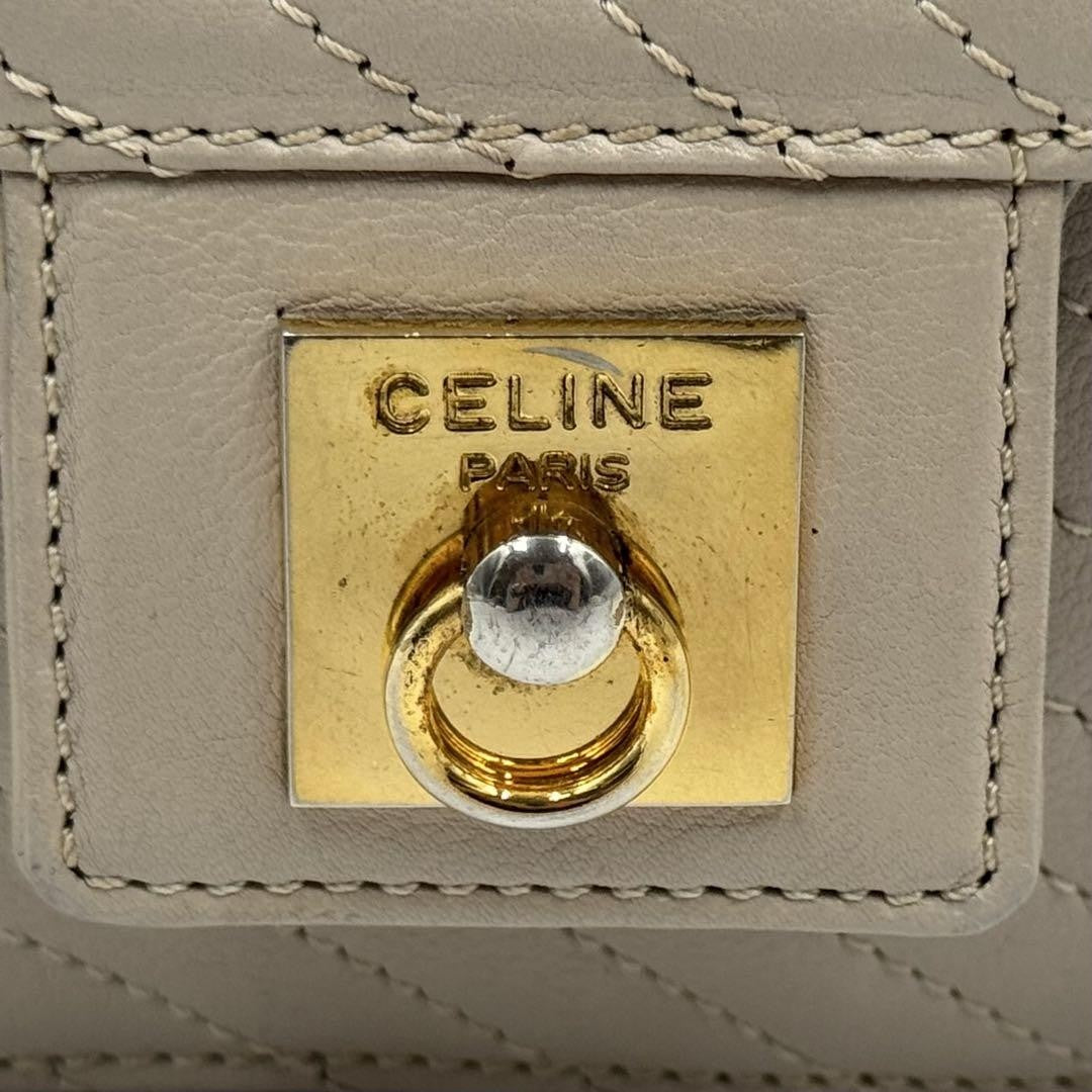 CELINE Hand Shoulder Bag Tote Purse 2way Chain Leather Beige Authentic