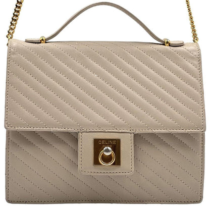 CELINE Hand Shoulder Bag Tote Purse 2way Chain Leather Beige Authentic