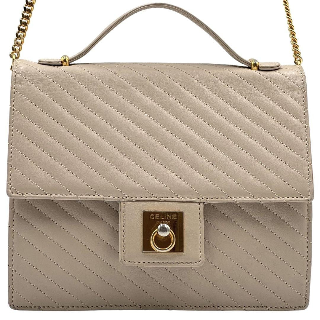 CELINE Hand Shoulder Bag Tote Purse 2way Chain Leather Beige Authentic
