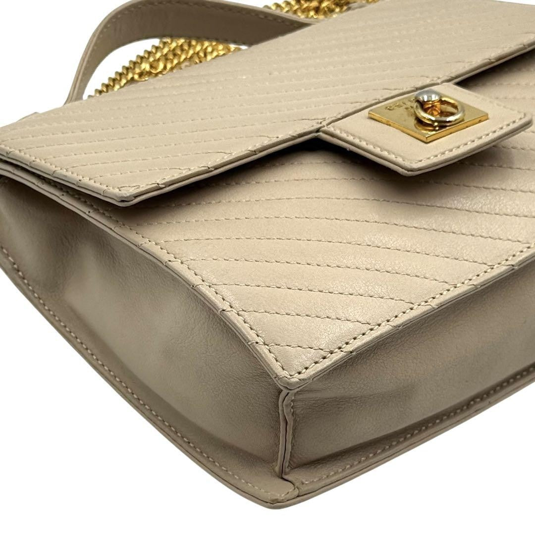 CELINE Hand Shoulder Bag Tote Purse 2way Chain Leather Beige Authentic
