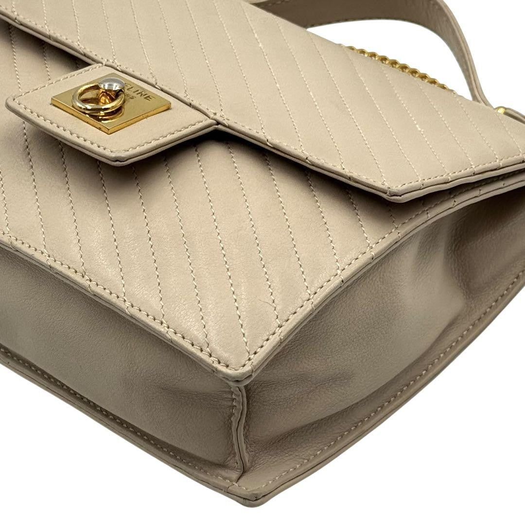CELINE Hand Shoulder Bag Tote Purse 2way Chain Leather Beige Authentic