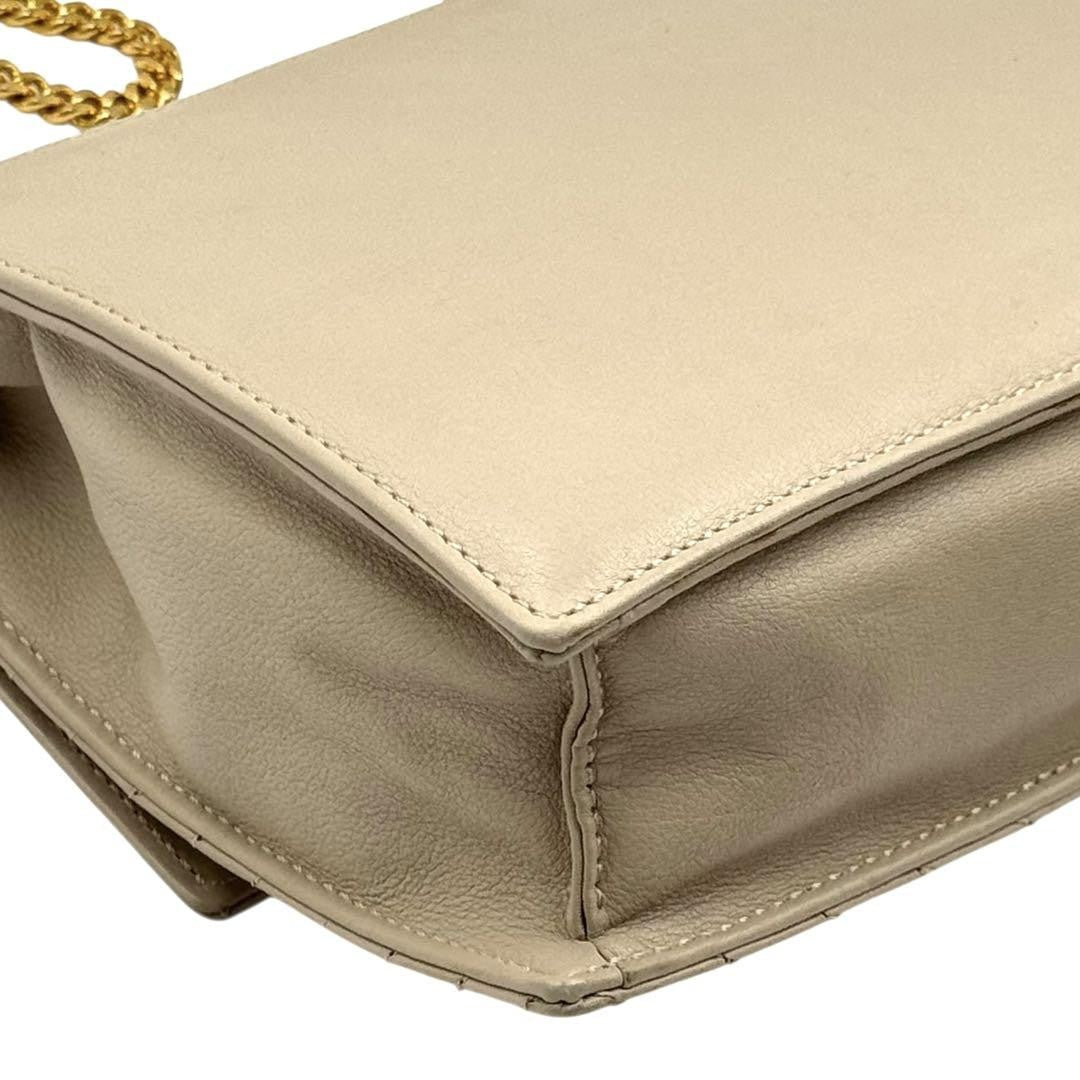 CELINE Hand Shoulder Bag Tote Purse 2way Chain Leather Beige Authentic