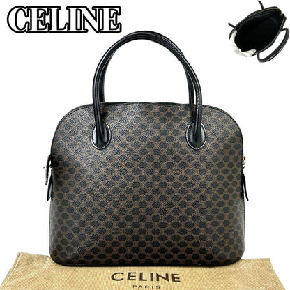 CELINE Hand Bag Tote Purse Macadam PVC Leather Black Dark Brown Authentic