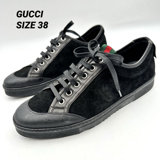 GUCCI Sneakers Shoes Low-Cut Sherry Line EU 38 US 8 Leather Suede Black Auth