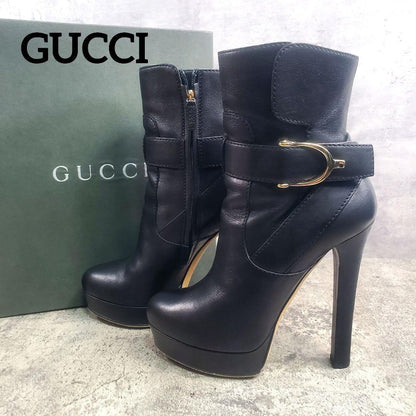 GUCCI Short Boots Shoes EU 37.0 US 7.0 Leather Black Authentic