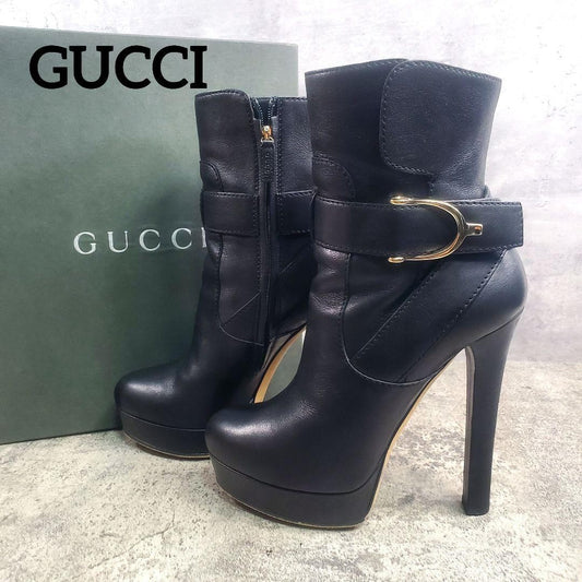 GUCCI Short Boots Shoes EU 37.0 US 7.0 Leather Black Authentic