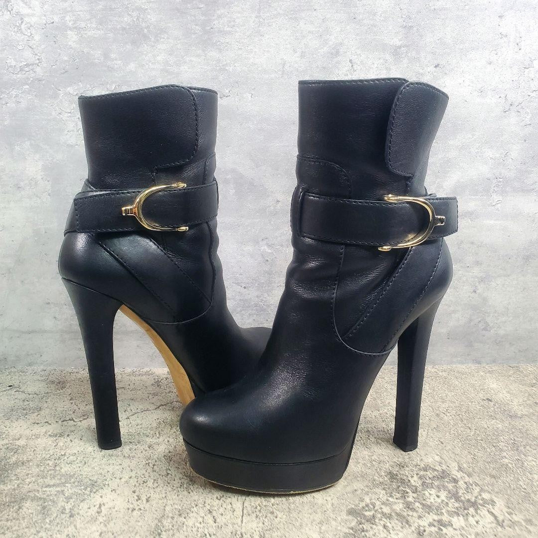 GUCCI Short Boots Shoes EU 37.0 US 7.0 Leather Black Authentic