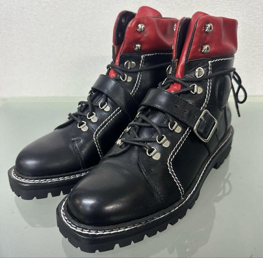 GUCCI Short Boots Shoes EU 37.5 US 7.5 Leather Black Red Authentic