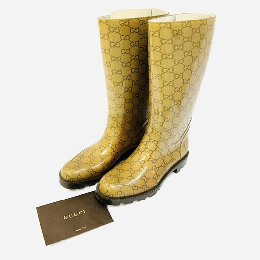 GUCCI Rain Long Boots Shoes GG EU 36 US 6 Brown Authentic