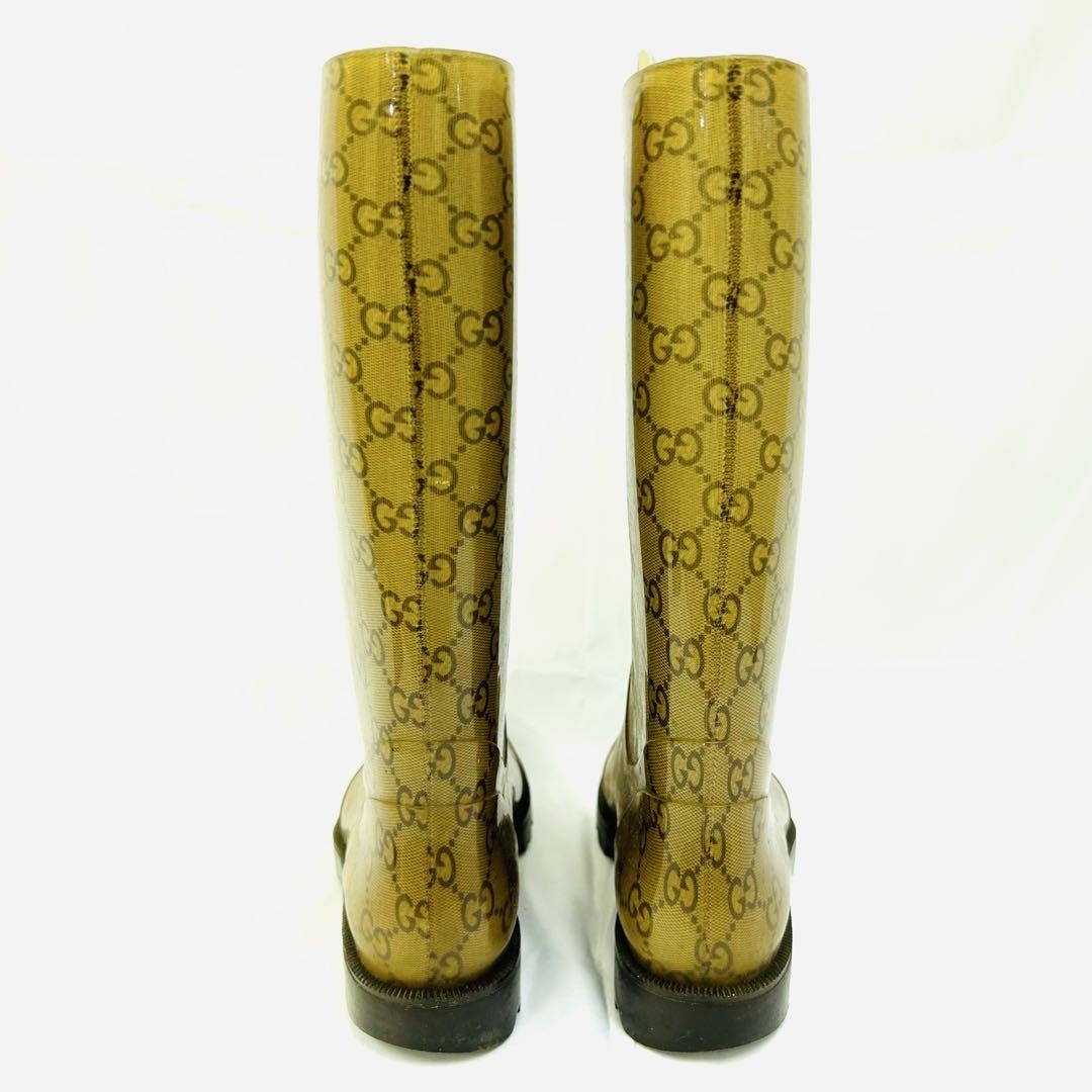 GUCCI Rain Long Boots Shoes GG EU 36 US 6 Brown Authentic