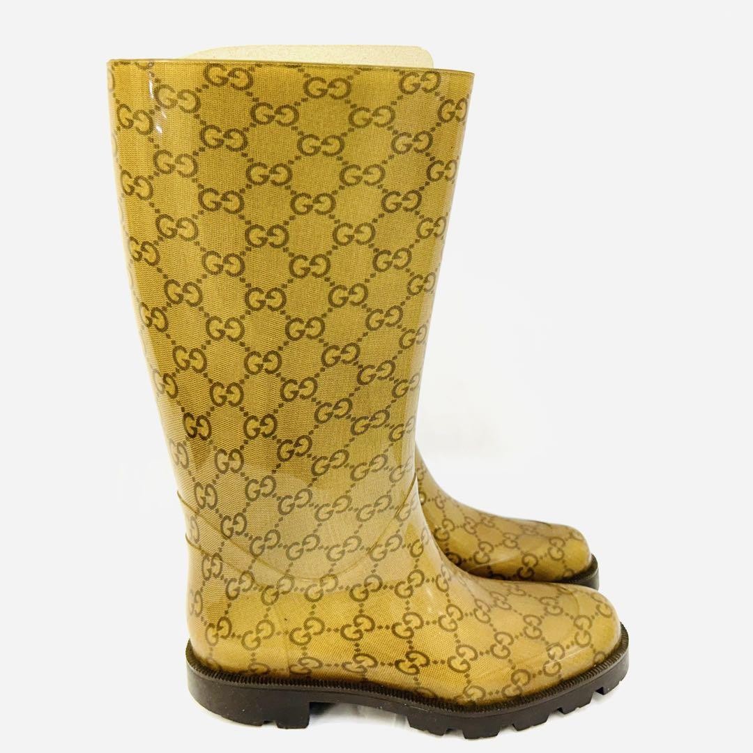 GUCCI Rain Long Boots Shoes GG EU 36 US 6 Brown Authentic