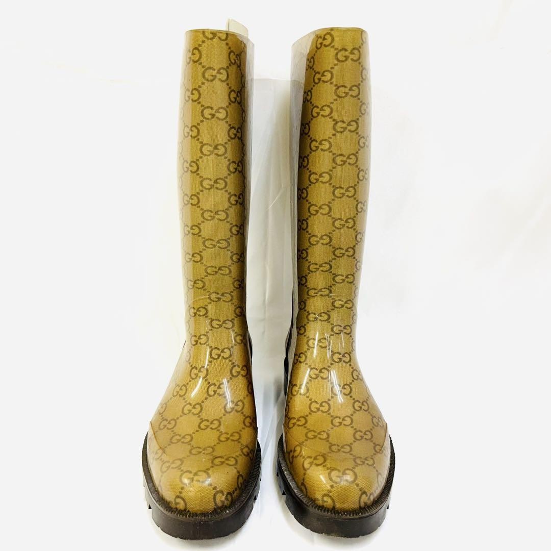GUCCI Rain Long Boots Shoes GG EU 36 US 6 Brown Authentic