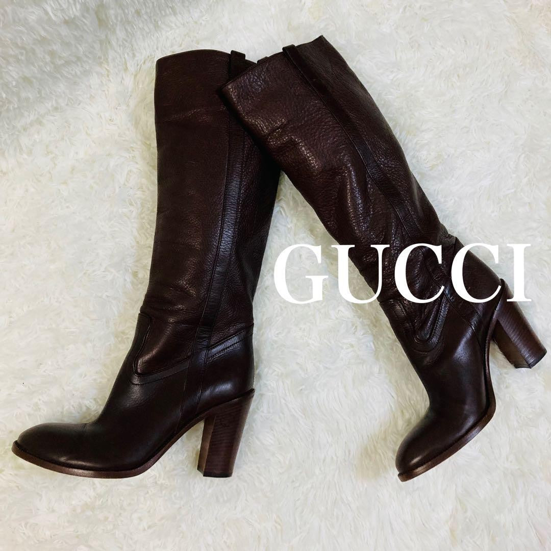 GUCCI Long Boots Shoes EU 36.5 US 6.5 Leather Brown Authentic
