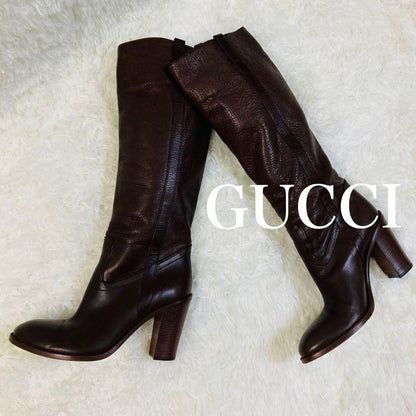 GUCCI Long Boots Shoes EU 36.5 US 6.5 Leather Brown Authentic